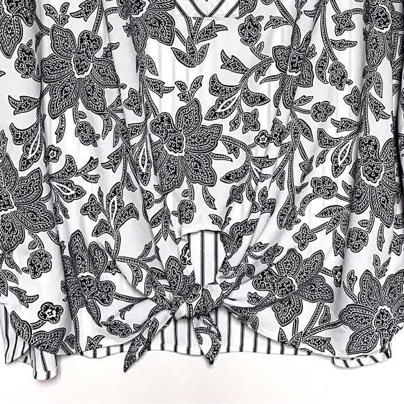 Chicos Top Size Large Floral Striped Mix Print Tie Front Flutter Sleeve 2 12/14 - Picture 6 of 12